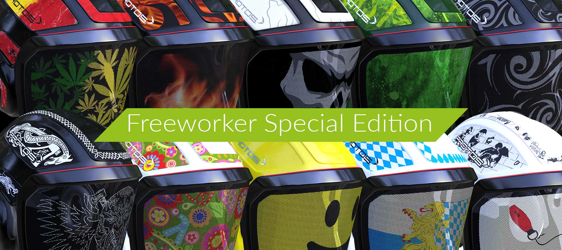 10 Beispiele von verschiedenen Freeworker Special Edition Protos Helmdesigns