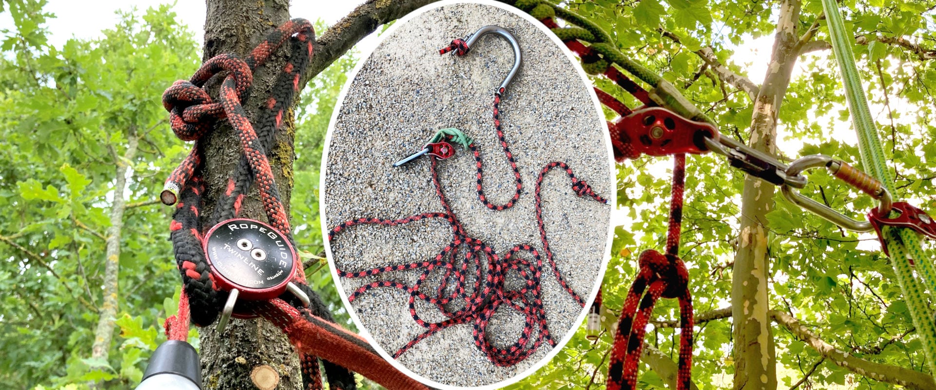 Kletterset Grote als zweites Klettersystem im Einsatz im Baum. Mittig ist ein weiteres Bild platziert, welches das Kletterset Grote auf einem Kiesuntergrund zeigt..