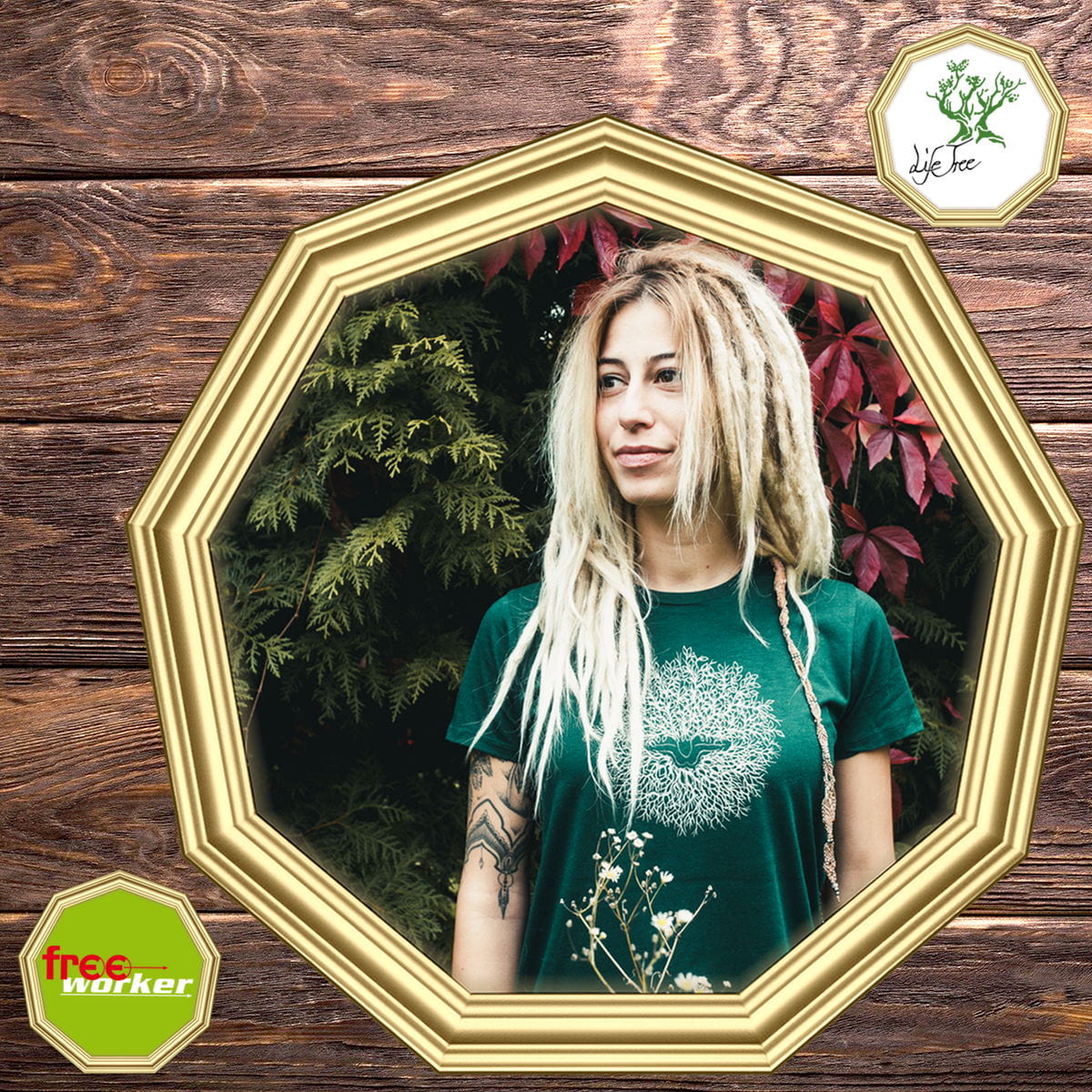 Frau mit Life-Tree T-Shirt in einem goldenen Rahmen.