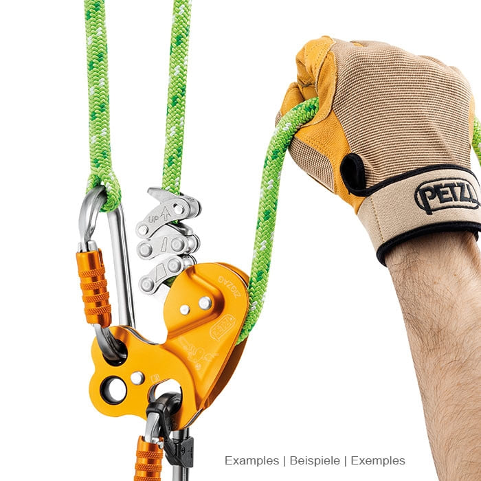 Petzl ZigZag Seilzugsystem mit grüner Kletterseil, zwei Karabinerhaken und Hand mit Petzl Handschuh