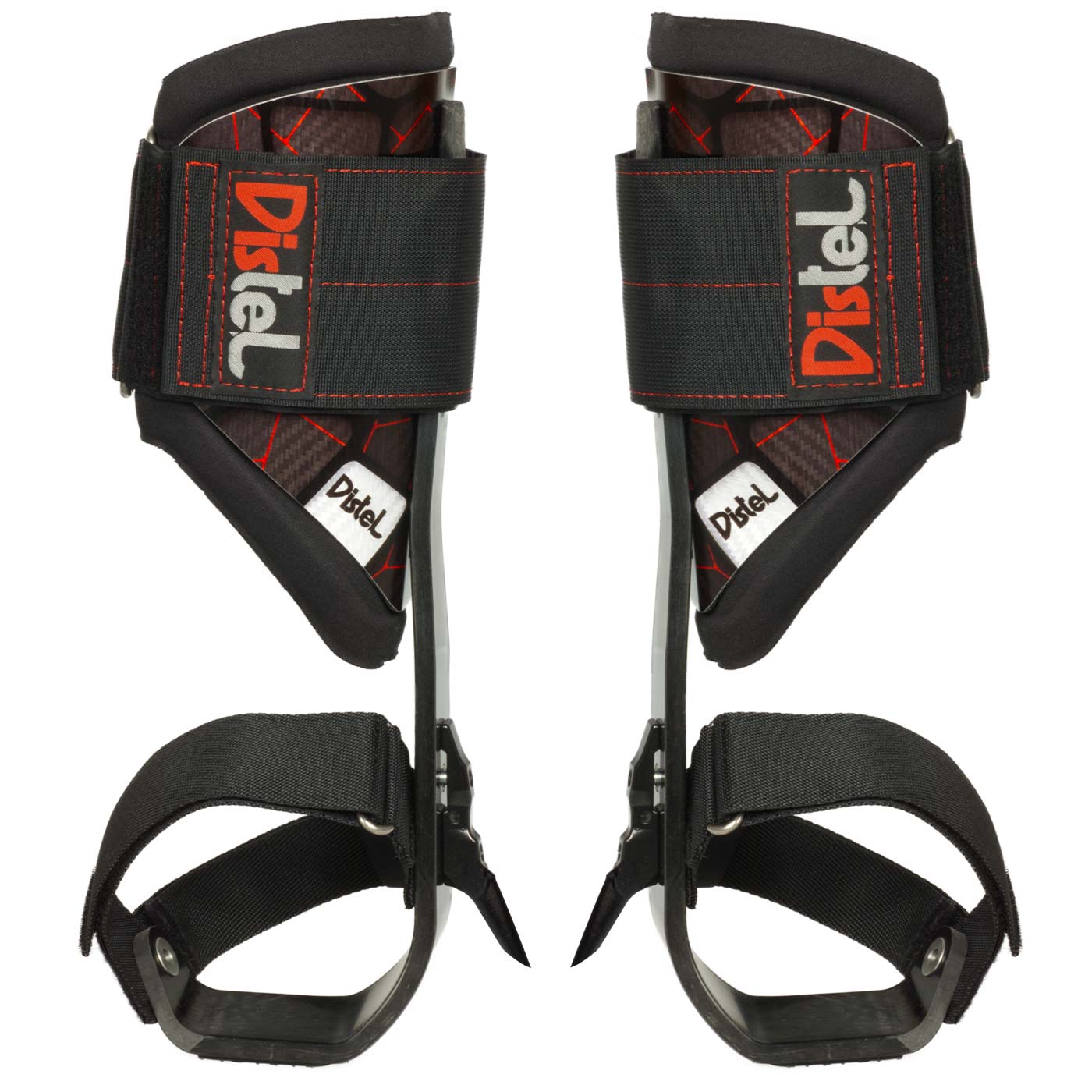 Distel Carbon 3.1 Velcro von Distel, Paar von schwarzen Klettersteigsporen mit roten Nähten und Klettverschlüssen, von vorne fotografiert