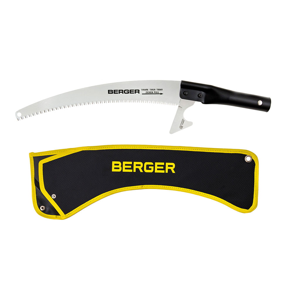 ArboRapid Kopf 300 von BERGER, eine gebogene Säge mit schwarzem Griff und silberner Klinge, dazu eine schwarze Schutzhülle mit gelbem Rand und BERGER-Logo