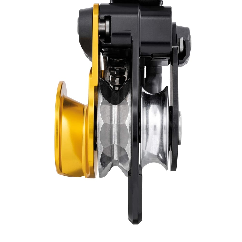 Petzl Twin Release Seilrolle Seitenansicht mit zwei Rollen in Silber und Gelb