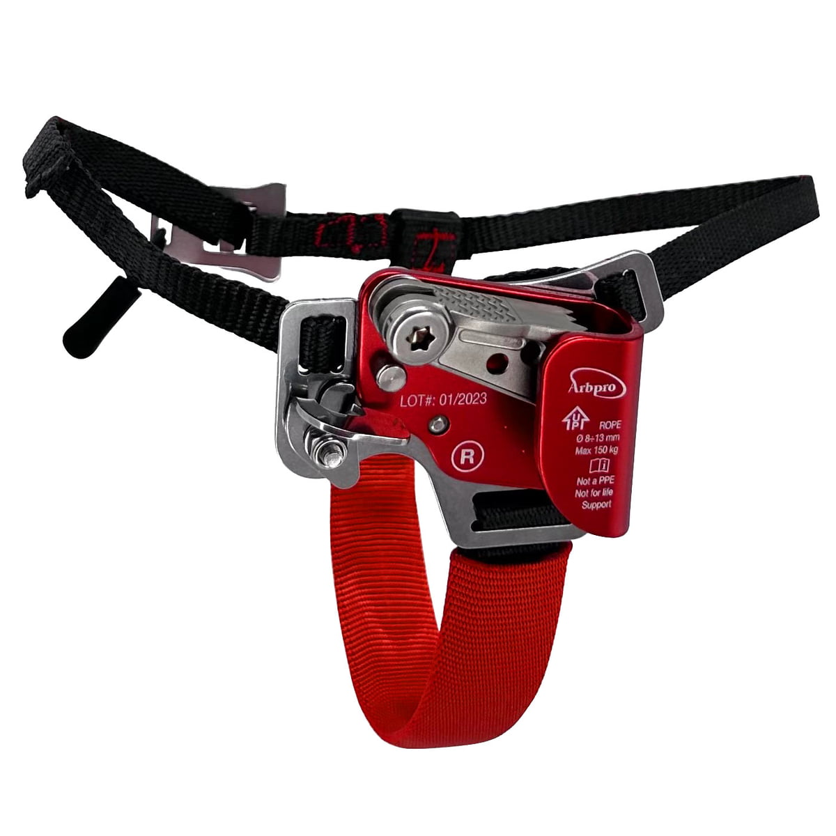 Gemini Foot Right, rotes und schwarzes Klettersteiggerät mit Metallmechanismus und Textilgurt.