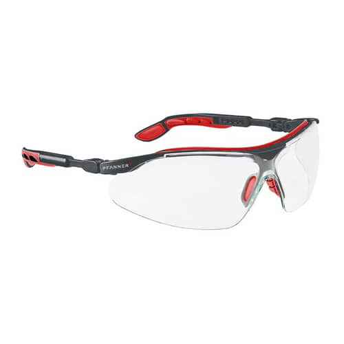 Nexus Schutzbrille von Pfanner mit klaren Gläsern und roten Details am Bügel