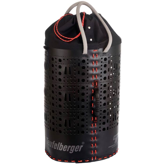 ropeBUCKET 80, schwarzer zylindrischer Behälter mit vielen Löchern, schwarzem Kordelzugverschluss oben, grauen Griffschlaufen, roter Naht und grauem Schriftzug "Teufelberger"