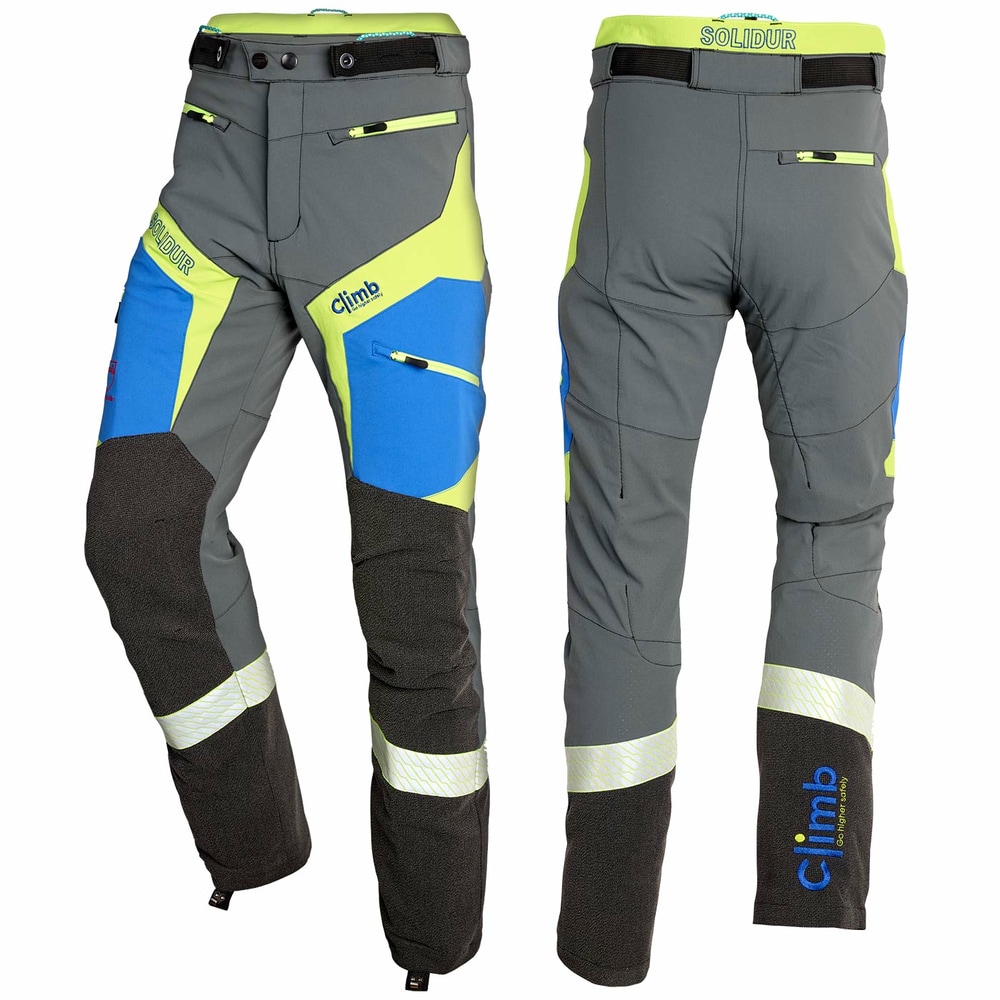 Climb Schnittschutzhose von Solidur in Grau, Blau und Gelb mit mehreren Reißverschlusstaschen und verstärkten schwarzen Knie- und Unterschenkelbereichen, Vorder- und Rückansicht