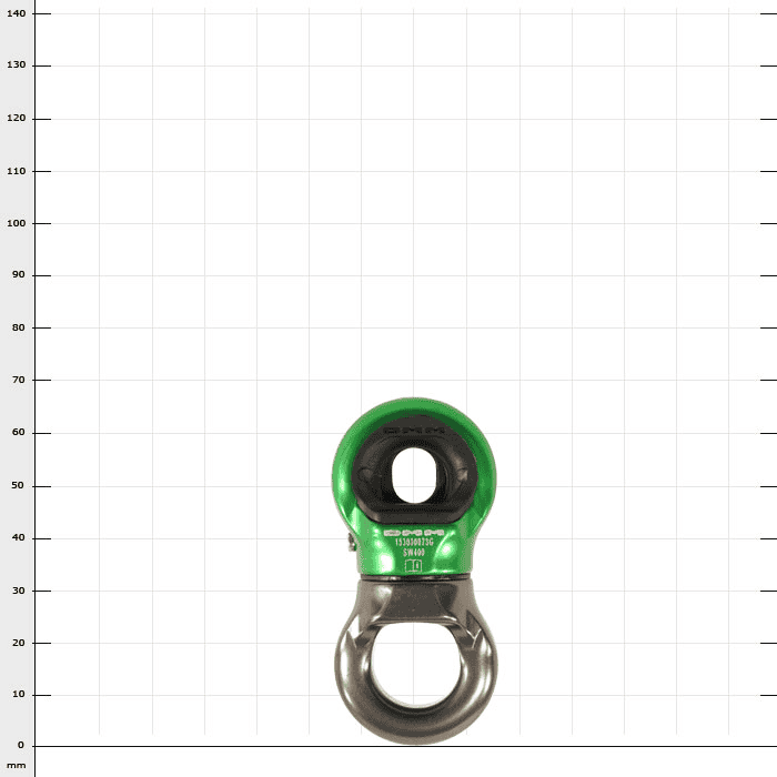 Mini-Swivel, grün-schwarzes und silbernes Metallteil mit zwei runden Öffnungen, vorne sichtbar Mini-Swivel Aufschrift