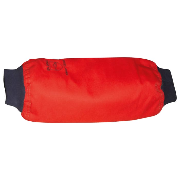 Flexprotect Stulpe in Rot mit schwarzem Bündchen, flach liegend und aufgedrucktem Logo