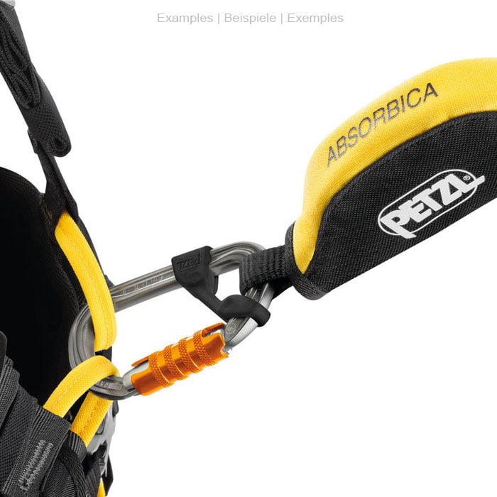 Petzl Captiv, schwarzes Kunststoffteil an einem silbernen Karabiner, befestigt an einem gelb-schwarzen Gurt mit Aufschrift PETZL und ABSORBICA
