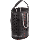 ropeBUCKET 80, schwarzer zylindrischer Behälter mit vielen runden und tropfenförmigen Löchern, grauen Griffschlaufen, roter Naht und grauem Schriftzug "Teufelberger"
