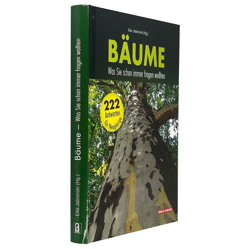 Buch Bäume - Was Sie immer schon fragen wollten von Eike Jablonski, seitliche Ansicht mit grünem Buchrücken und gleichem Coverbild und Aufkleber