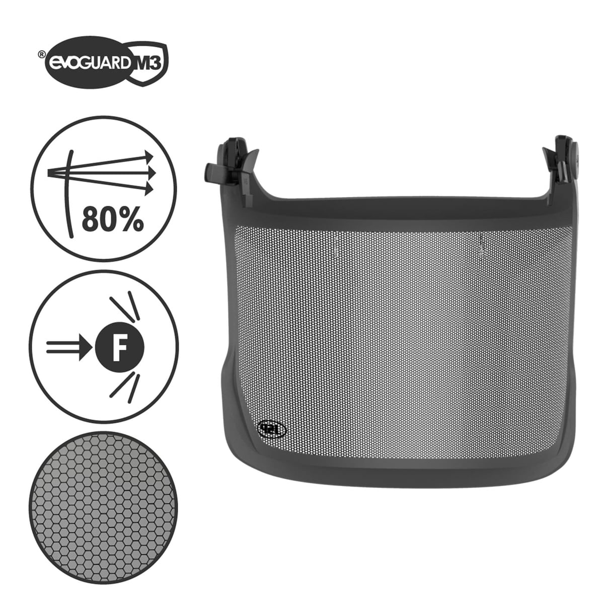 Evoguard M3 Forestry Visor mit grauem Rahmen und schwarzem Netzgewebe, daneben Symbole und Logo