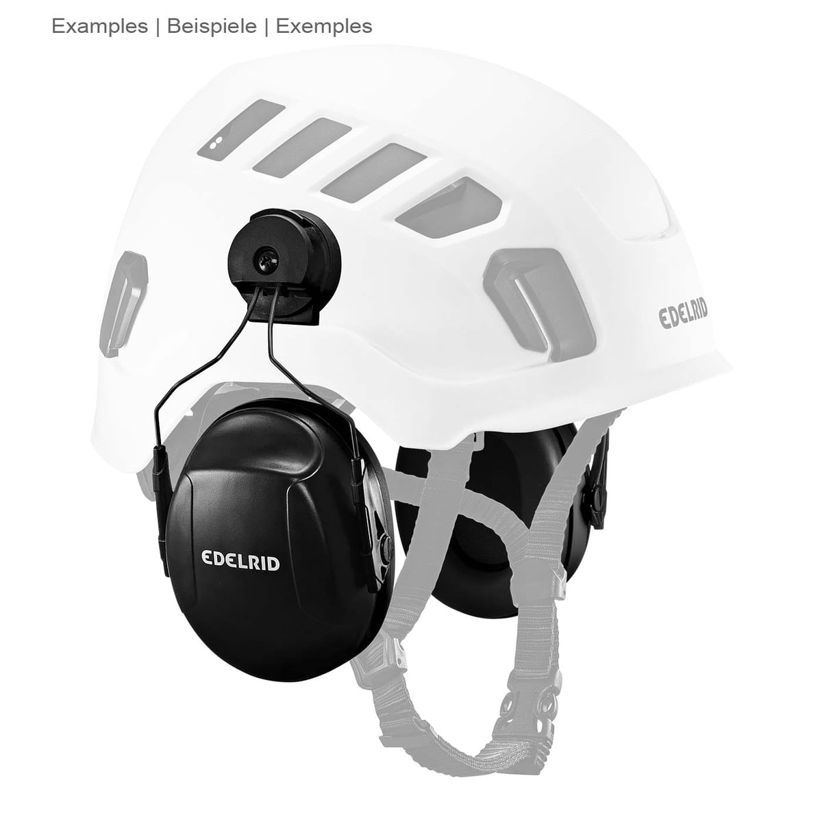 Edelrid Ear Muffs in Schwarz, montiert an einem weißen Schutzhelm mit schwarzem Kinnriemen, Seitenansicht
