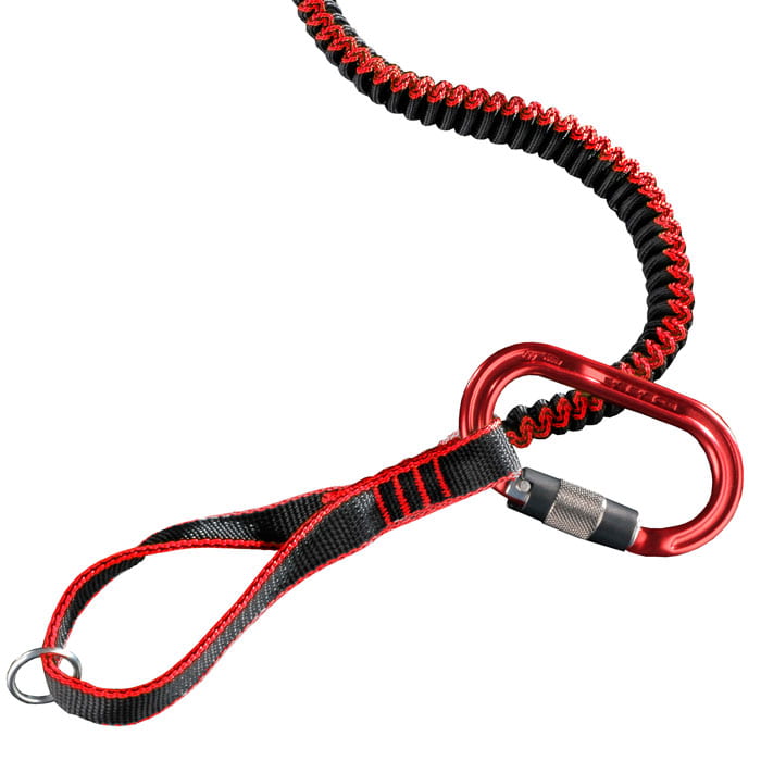 antiSHOCK Tool Lanyard Plus von Teufelberger, roter Karabinerhaken mit schwarzem und rotem Band mit Schlaufe und Metallring