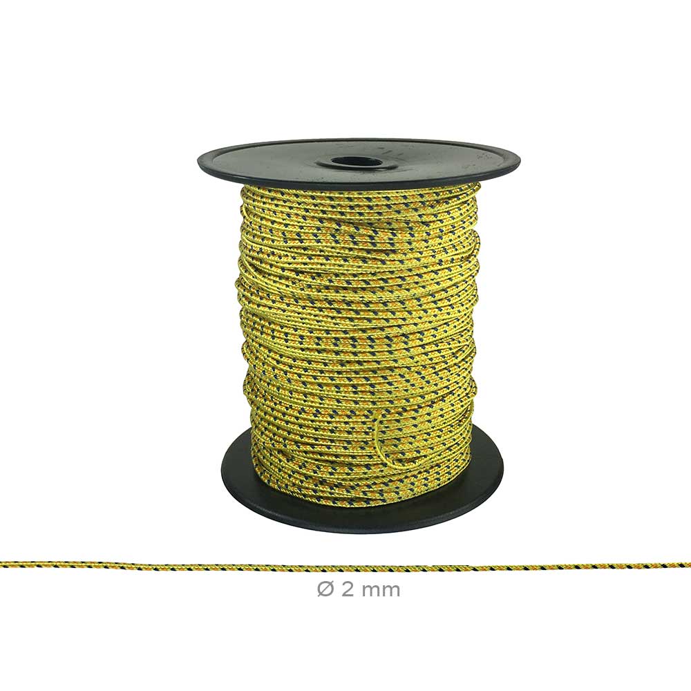 Multicord gelb-schwarzes Seil mit Muster auf schwarzer Spule, Durchmesser 2 mm, Produktname sichtbar auf der Spule