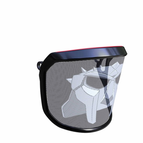 PROTOS® Visier Special Edition, schwarzes Schutzvisier mit weißem, stilisiertem Gesichtsmotiv und rotem Rand oben, seitliche Ansicht von rechts