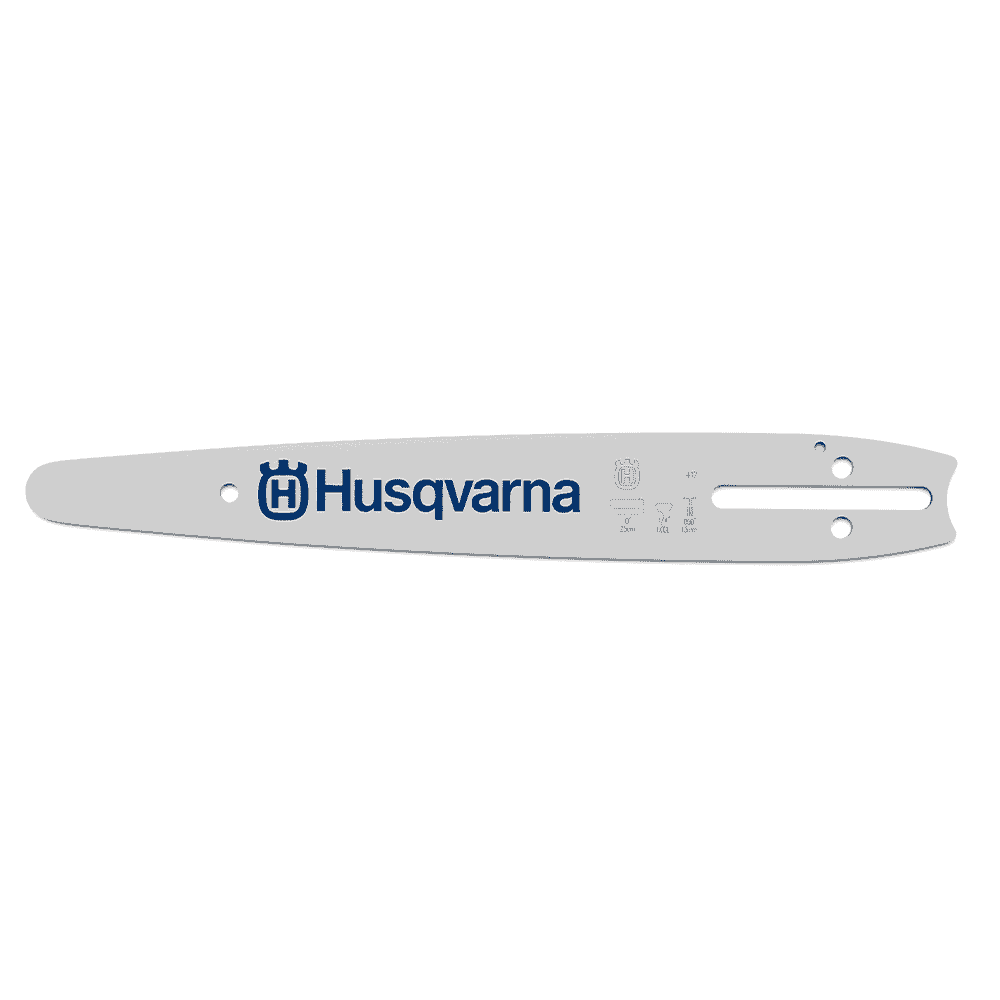 Carving Schiene 10 / 1/4 von Husqvarna in weiß mit blauem Husqvarna-Logo und mehreren Befestigungslöchern, Nahaufnahme der Schiene mit technischen Symbolen und Angaben