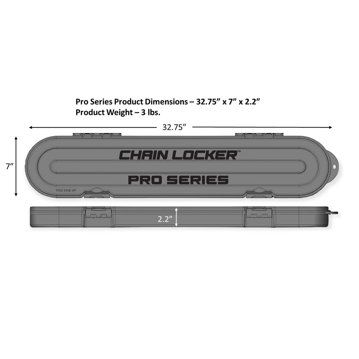 Chain Locker Pro Series Kettenschutzhülle in Grau mit Produktmaßen 32,75 x 7 x 2,2 Zoll, von oben und seitlich dargestellt