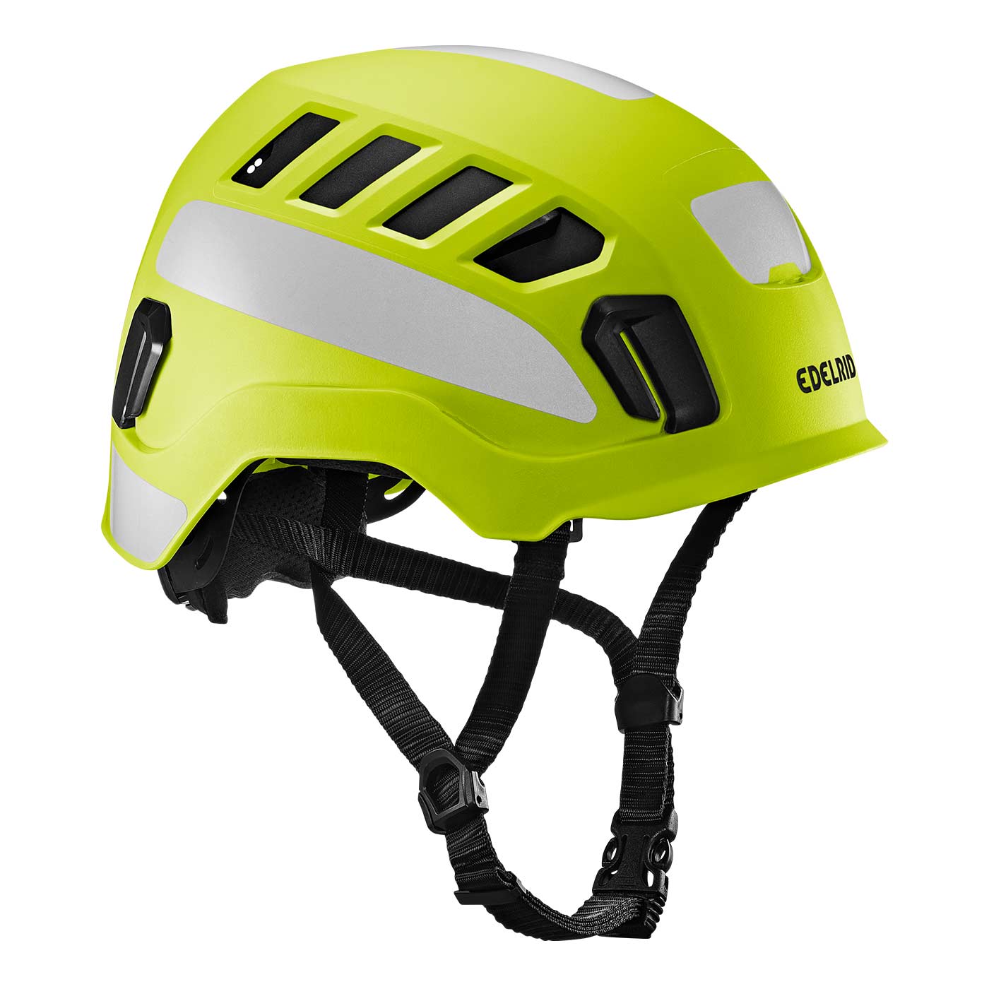 Tectum Air Hi-Viz Kletterhelm von Edelrid in leuchtgelb mit weißen Reflektoren und schwarzem Kinnriemen, seitliche Ansicht