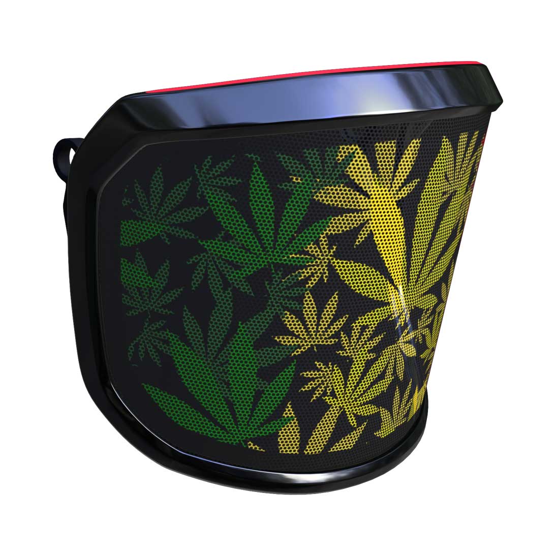 PROTOS® Visier Special Edition mit schwarzem Rahmen, seitliche Ansicht mit grünem, gelbem und rotem Blattmuster auf schwarzem Hintergrund
