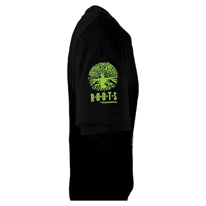 Inside Me schwarzes T-Shirt mit grünem Logo "ROOTS by Preserverwear" in Grün auf dem Ärmel, Seitenansicht