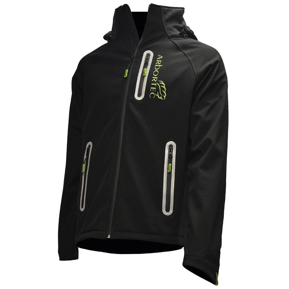 Schwarze Jacke Caiman von Arbortec mit drei Reißverschlusstaschen und grünem Logo auf der Brust