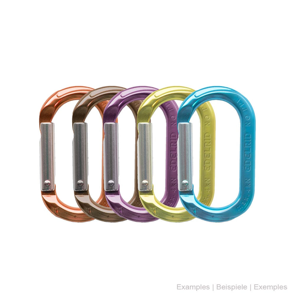 Mini-O Karabinerhaken in fünf verschiedenen Farben (orange, braun, lila, gelb, blau) mit silbernen Verschlussfedern, Hersteller nicht sichtbar