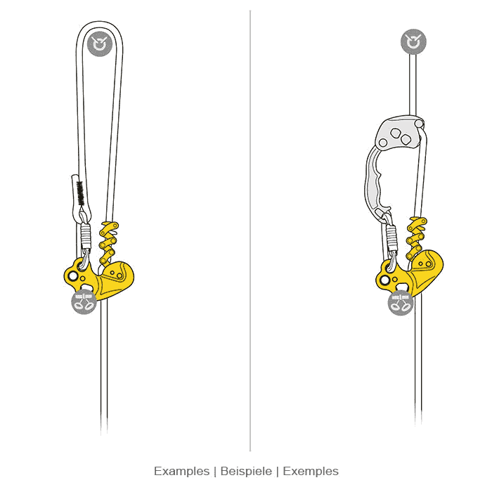 Zwei schematische Zeichnungen des Petzl ZigZag Seilzugsystems in unterschiedlichen Positionen an einem Seil