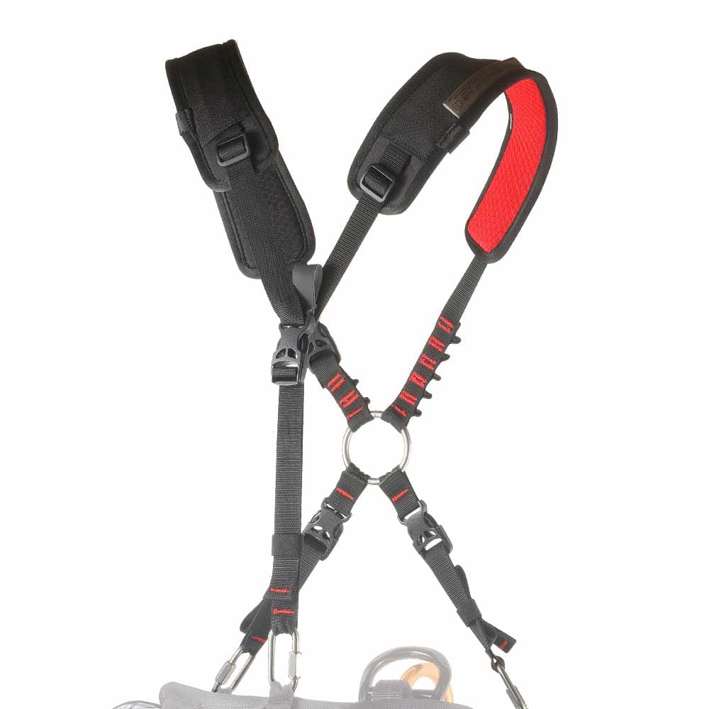 Schwarzer Tree Access SRT Chest Brustgurt von CAMP mit roten Polstern und schwarzen Schnallen, Rückseite sichtbar