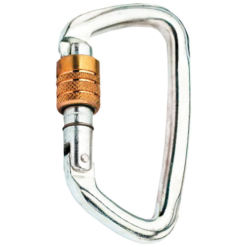 D-Steel 50 Screw Karabinerhaken aus Metall mit silberner Oberfläche und goldenem Schraubverschluss vor weißem Hintergrund