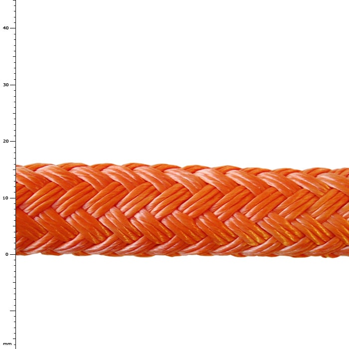 Bull Rope 16 Original, Nahaufnahme eines orangefarbenen geflochtenen Seils mit feiner Textur und Muster