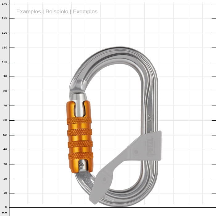 OK Triact, Karabiner mit silbernem Körper, orangefarbenem Schraubverschluss und grauem Kunststoffhebel