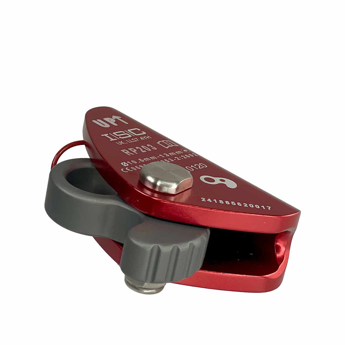 Mini Ropegrab, rotes Seilgerät mit grauem Ring und grauem Drehknopf, Seitenansicht
