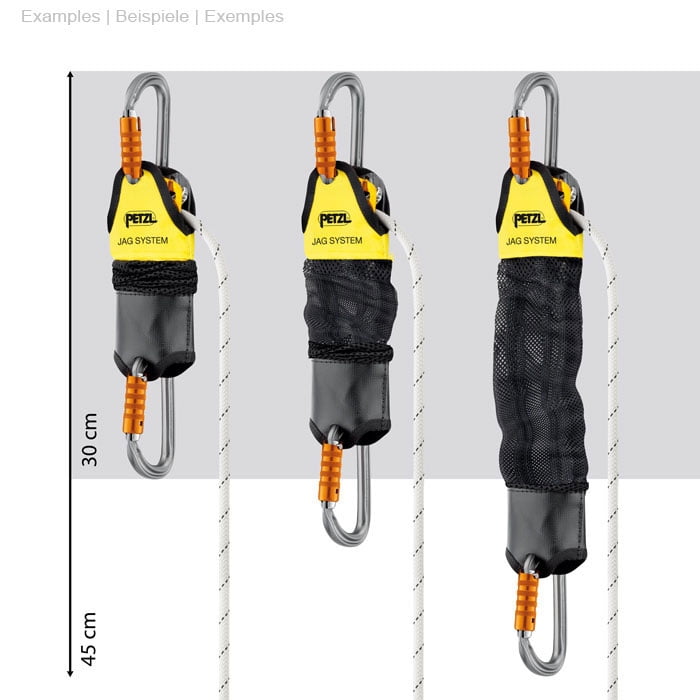 Drei Petzl JAG System nebeneinander in verschiedenen Längen mit Maßangaben 30 cm und 45 cm, jeweils mit weißem Seil, gelbem Etikett, schwarzem Netzbeutel und zwei silbernen Karabinern mit orangen Verschlüssen