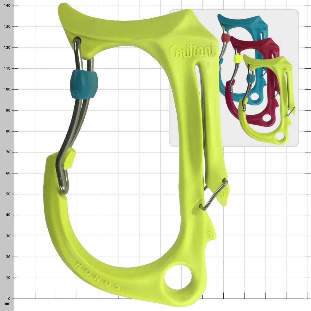 Honos L, gelber Karabiner mit blauem Verschluss, sichtbare Prägung "Courant" und "Honos"