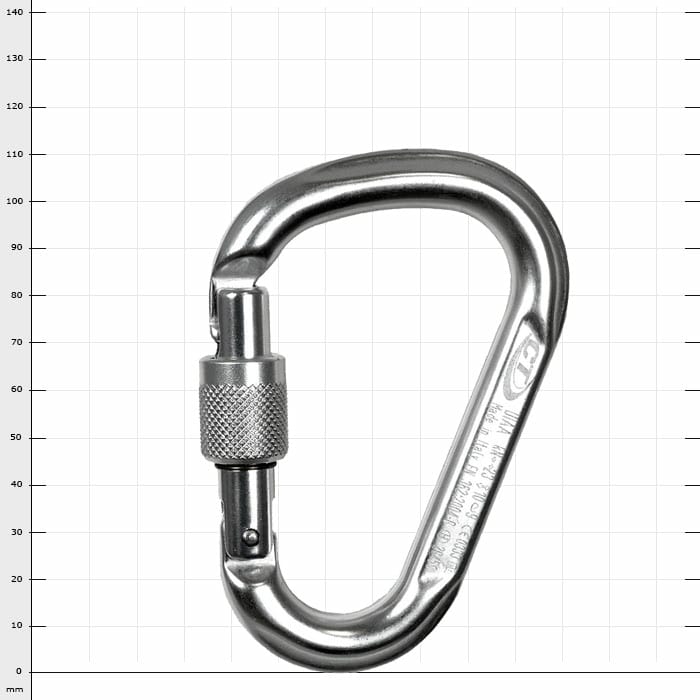 Tofana HMS Screw Karabiner aus Metall mit Schraubverschluss, silberfarben, vor weißem Hintergrund mit Maßangaben