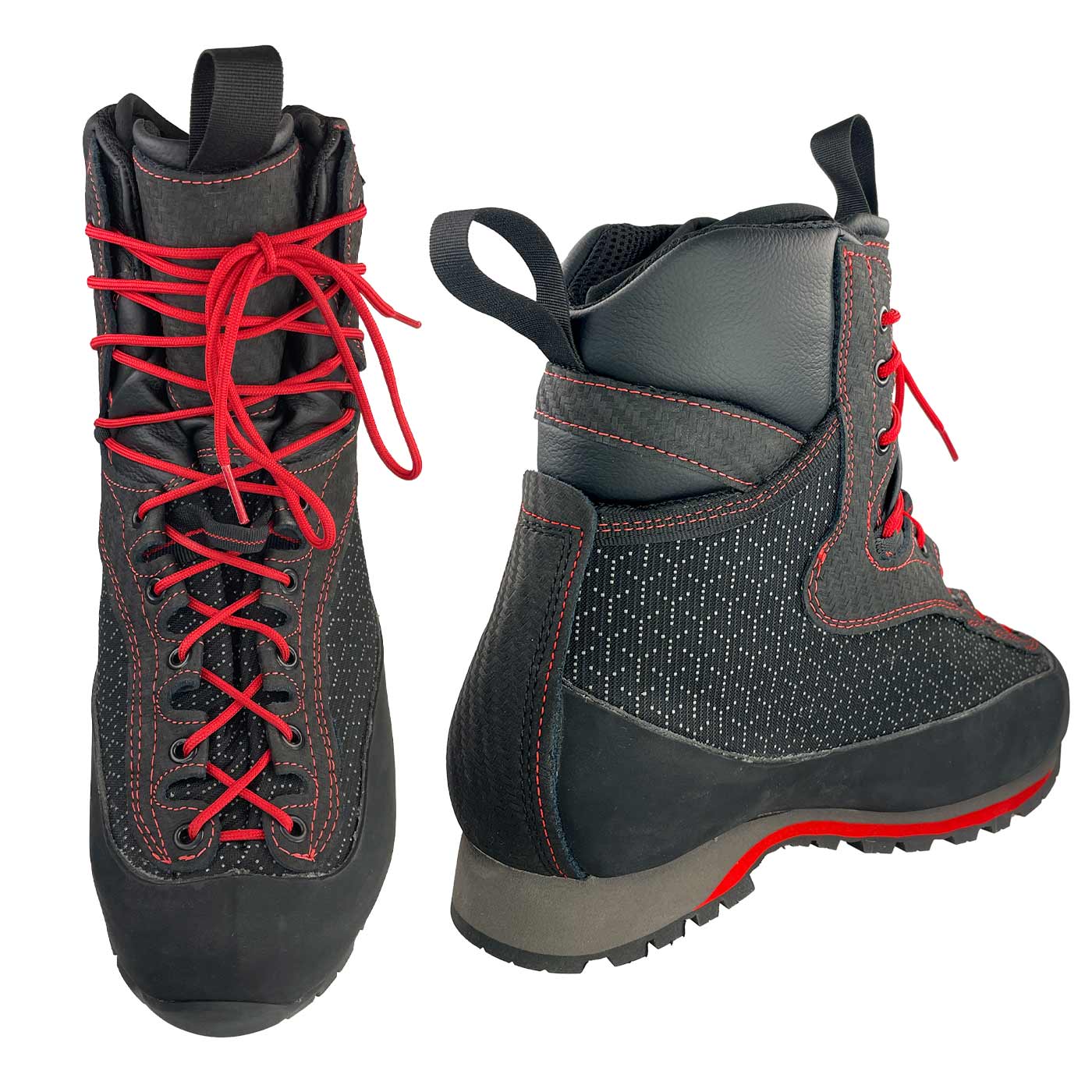 Arborist Xlight Schuh in Schwarz mit roten Schnürsenkeln, seitliche und obere Ansicht, Hersteller nicht sichtbar