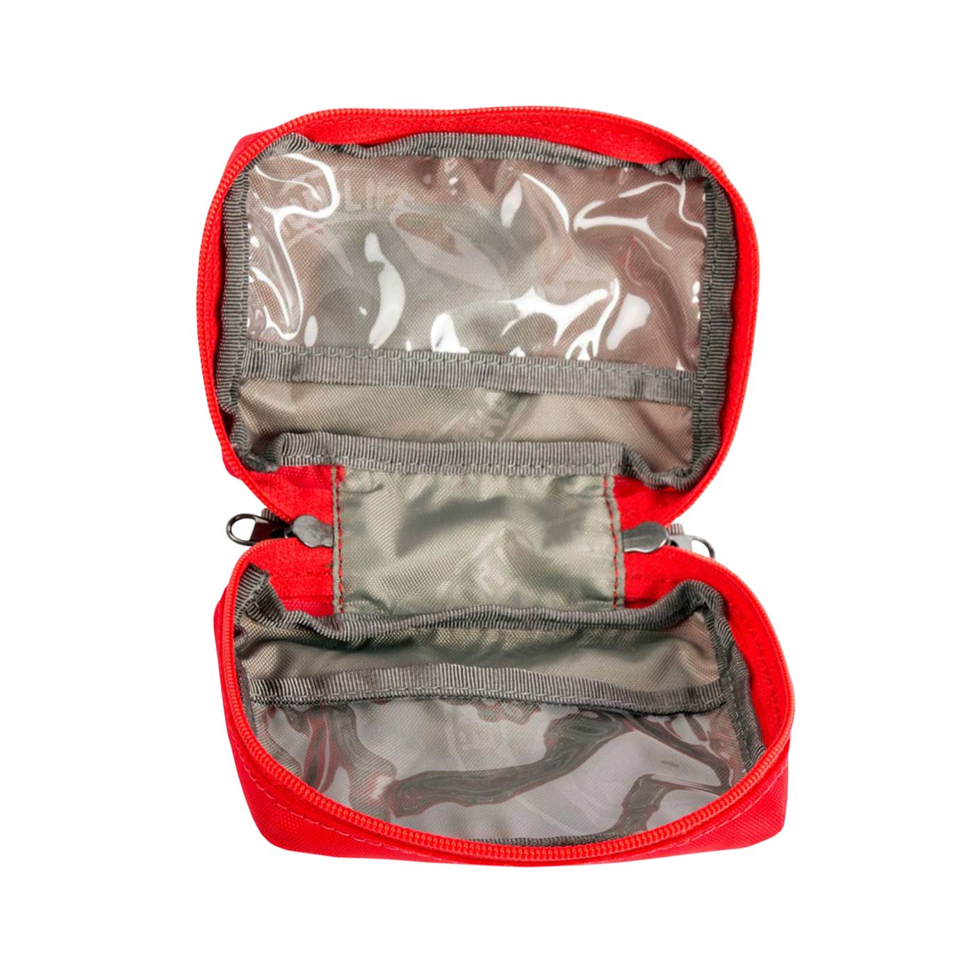 Geöffnetes rotes Tatonka First Aid XS Erste-Hilfe-Set mit transparenten und grauen Innentaschen