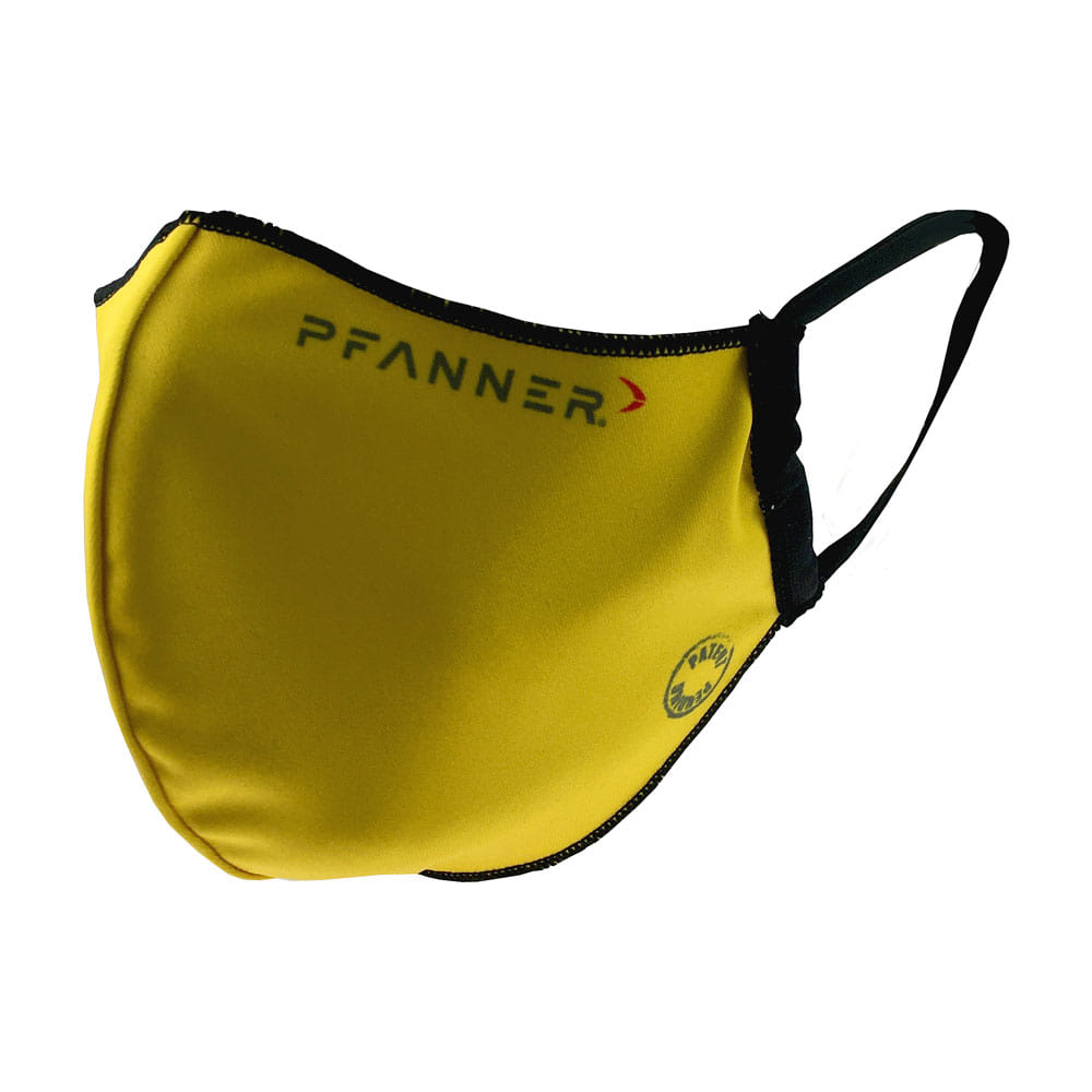 PFANNER® Wendemaske gelb mit schwarzem Rand und schwarzem Gummiband, Logo PFANNER® oben auf der Maske