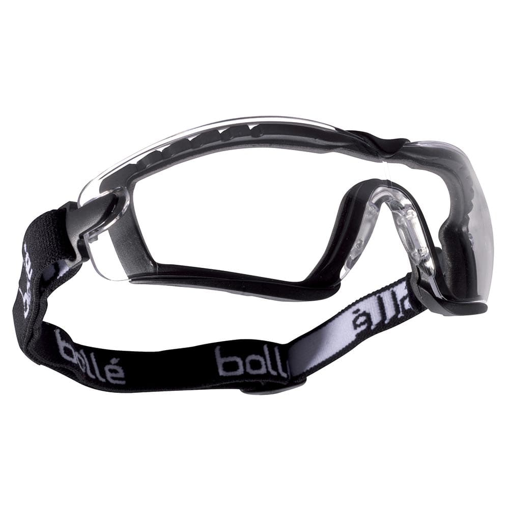 Schutzbrille Cobra von Bollé mit transparenten Gläsern und schwarzem, verstellbarem Kopfband mit weißer Schrift