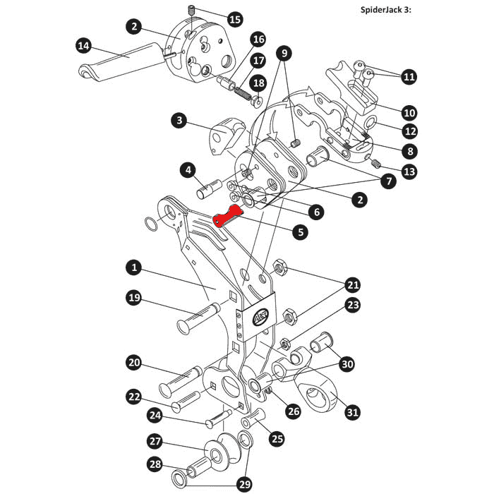 Technische Zeichnung des SpiderJack 3 mit nummerierten Einzelteilen, der Verschleißbolzen ist rot hervorgehoben und an einer zentralen Position im Mechanismus dargestellt