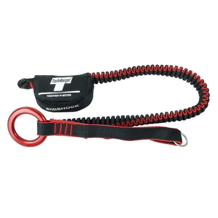 antiSHOCK Tool Lanyard von Teufelberger, schwarz-rotes elastisches Band mit rotem Metallring und schwarzem Etikett mit Aufschrift