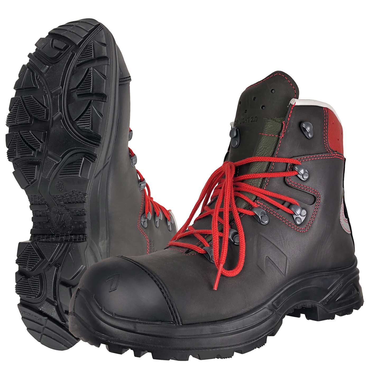 Schwarzer Protector Light 2.1 Arbeitsschuh mit roten Schnürsenkeln, schwarzer Sohle und rotem Fersenbereich, ein Schuh steht aufrecht, der andere liegt mit der Sohle nach vorne