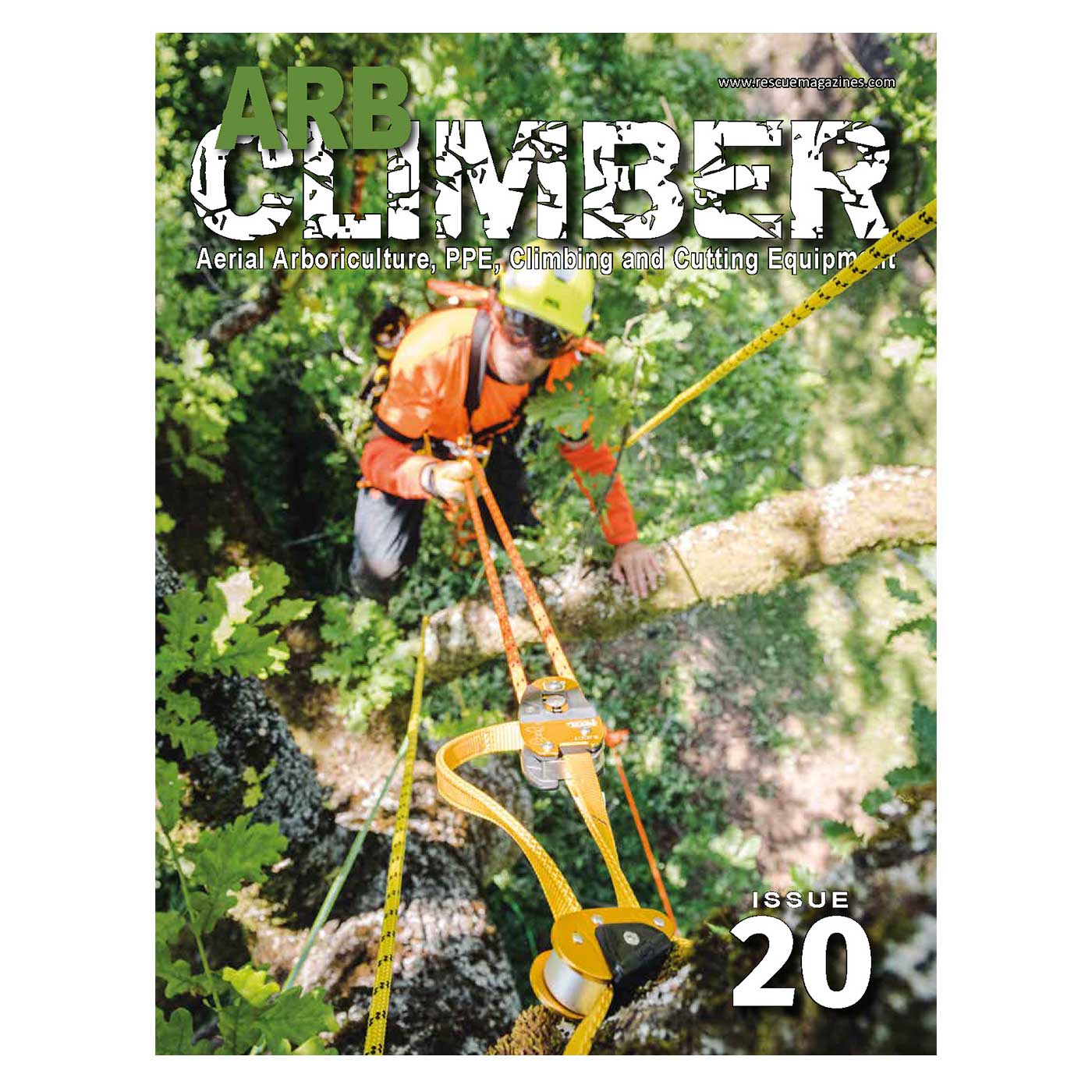 Arb Climber No. 20 Magazincover mit einem Kletterer in orangefarbener Kleidung und gelbem Helm, der an gelben und orangen Seilen in einem Baum hängt