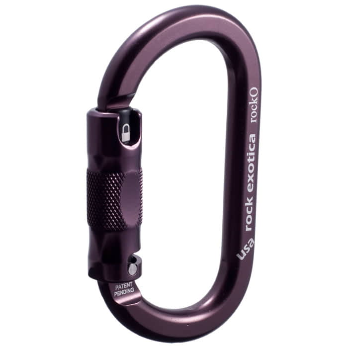 Rock O Karabiner von Rock Exotica in Dunkelviolett mit Schraubverschluss und Aufdruck "usa rock exotica rockO" auf dem Metallkörper