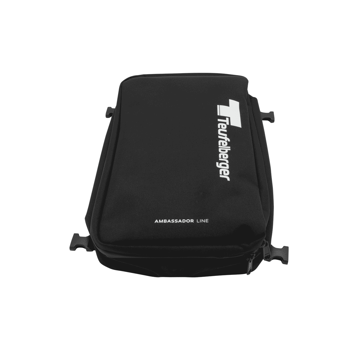 Gear Mule von Teufelberger, schwarze Tasche mit weißem Logo und Aufschrift Ambassador Line auf der Vorderseite