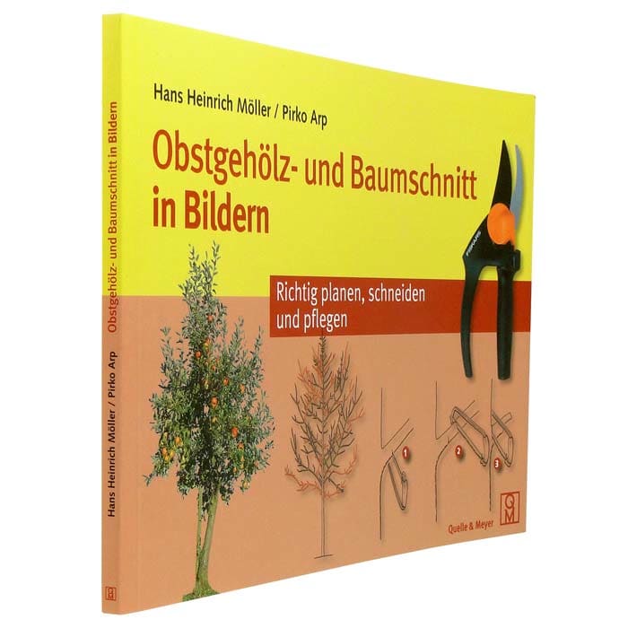 Buch "Obstgehölz- und Baumschnitt in Bildern" von Hans Heinrich Möller und Pirko Arp, schräg von vorne, gelbes und braunes Cover mit Baum, Baumzeichnung und schwarzer Gartenschere rechts oben