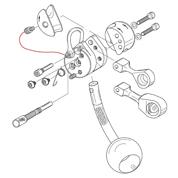 Technische Zeichnung eines mechanischen Bauteils mit mehreren Einzelteilen, darunter Schrauben, Hebel und ein roter Faden, kein Hersteller sichtbar