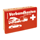 Kfz-Verbandkasten von Söhngen in rotem Kunststoffgehäuse mit weißen Aufdrucken von Fahrzeugen, einem weißen Kreuz und der Aufschrift "Verbandkasten Inhalt DIN 13164"